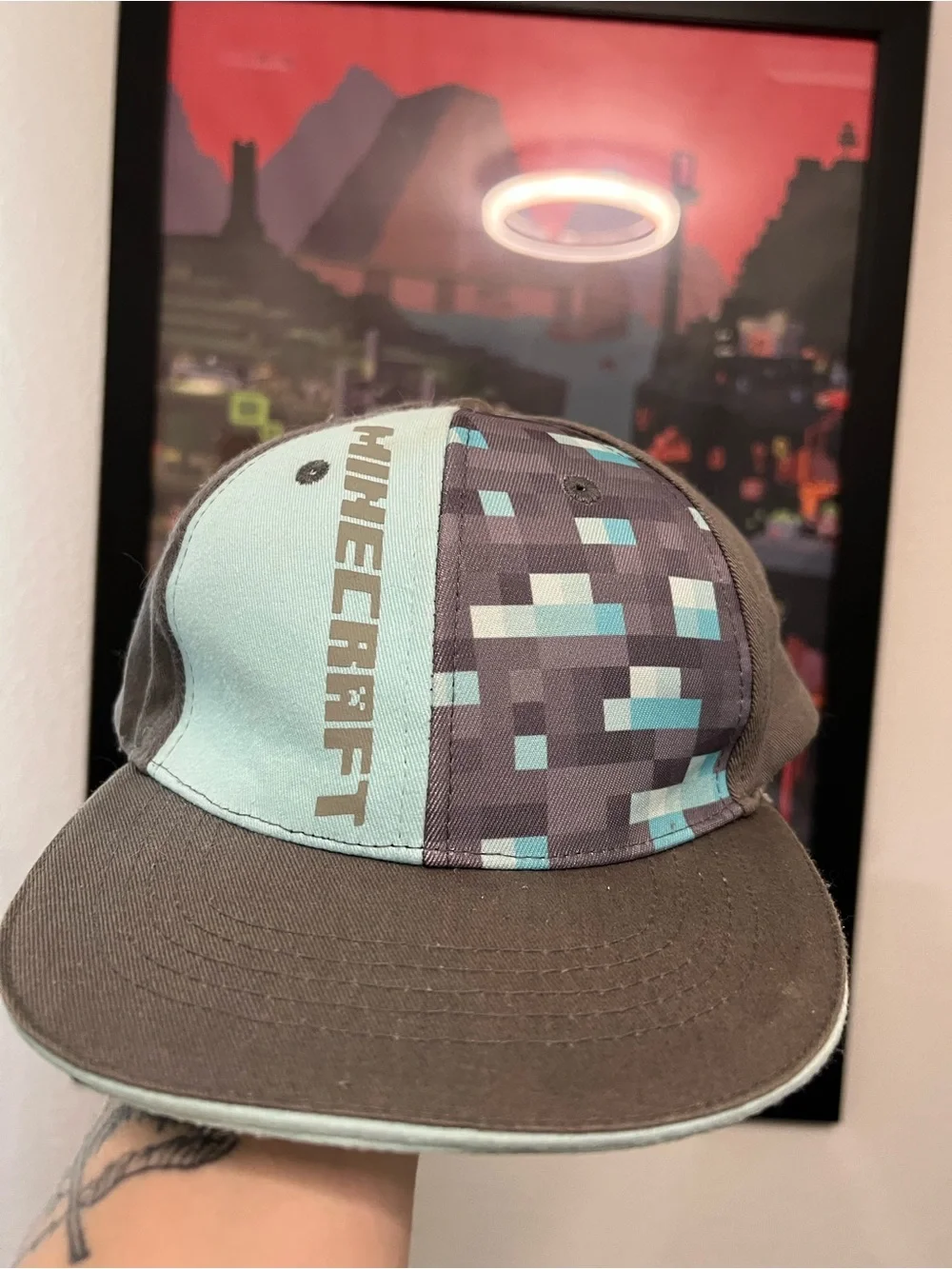 Minecraft Hat Vanilla Underground M / L Boys Blue Grey Snapback Damaged